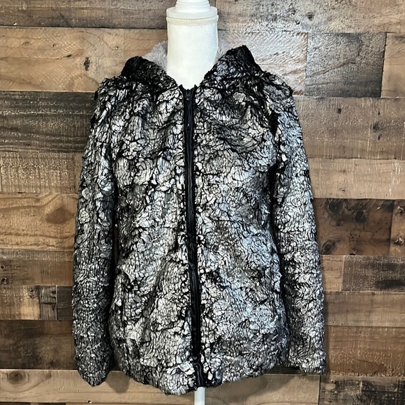 Angie Tops - Angie Sherpa Oversized Hoodie Sweatshirt Black and Silver Size Small